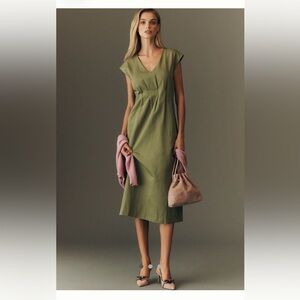 Anthropologie V-Neck Linen Olive Midi Dress with Cap Sleeves 3X